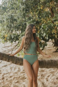 Our best-selling High Tide Bottoms in a gorgeous new color! The Oahu High-Waisted Bottoms feature an incredibly flattering higher leg cut that works on SO many body types! These sea green bottoms maintain a more modest booty coverage and a high-waisted fit that we just can't get enough of. Made from a gorgeous, crepe/crinkle textured fabric in a stunning blue-green shade, great for every skin tone. The models pair them with our Oahu Top *all photos display colors as accurately as possible, but k Two Piece Swimsuit Modest, Cute Modest Swimsuits For Women, Cute But Modest Bathing Suits, Modest Swimwear For Teens, Cute Modest Swimsuits For Teens, 2 Piece High Waisted Bathing Suit, High Rise Swimsuits Bikinis, Green Bikinis For Women, Cute Modest Bathing Suits