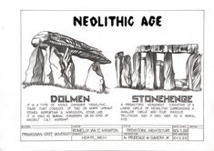 a black and white drawing of two stonehenges with the words neolitic age above them