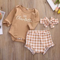 This personalized baby girl clothing set is a perfect outfit for baby picture photoshoot for Instagram post, birthday party outfit, an affordable gift for fall baby shower, birthday, Thanksgiving or Christmas, or even a newborn coming home outfit. Attract adorable glances from everyone when your baby is wearing this cute gingham clothing set. Please keep in mind the size/placement of your design may be slightly different than the picture, making each and every one a unique work of art! Feel free Checkered Outfit, Newborn Coming Home Outfit, Personalized Baby Girl, Fashionable Baby Clothes, Coming Home Outfit, Clothes Set