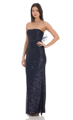 Sequin Strapless Maxi Dress in Navy Midnight Blue Prom Dresses, Winter Formal Dresses Long, Themed Prom Dresses, Navy Blue Long Dress, Navy Sequin Dress, Anastasia Dress, Glitter Prom Dress, Homecoming Dresses Sparkly, Winter Formal Dresses