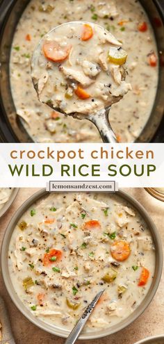 This creamy Crockpot Chicken and Wild Rice Soup is hearty and full of chunks of carrots and celery with savory spices and juicy chicken. This super simple, creamy soup is comfort food at its finest during the cold seasons. Best Creamy Crockpot Soups, Homemade Chicken And Rice Soup Crockpot, Frozen Soup Recipes, Crockpot Creamy Chicken Wild Rice Soup, Chicken Wild Rice Mushroom Soup Crockpot, Chicken With Cream Of Celery Soup, Pheasant Wild Rice Soup Crockpot, Healthy Soup Recipes No Dairy, Soups With Carrots And Celery