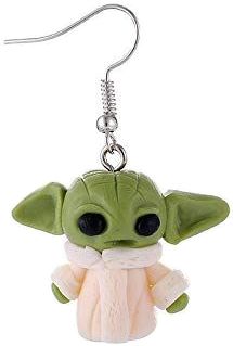 the baby yoda keychain is hanging from a pair of earring hooks