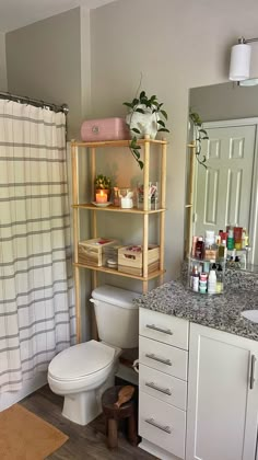 a white toilet sitting in a bathroom next to a sink and a shower curtain with plants on it