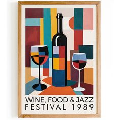 a framed poster with wine, food and jazz festival 1939 written on the front in black