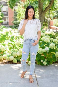 [casey] The Lace Of My Heart Top is all you need to leave people speechless! Our eyes are mesmerized by the scalloped eyelash hem, slightly cropped boxy silhouette, and sheer floral lace that makes up the entire top. Pair with denim, dainty gold jewelry, and sandals for the perfect date night look! Completely sheer + Unlined + Back-button keyhole 100% Polyester Wash cold, hang dry True to size, slightly cropped fit *Measurements listed below are of the actual clothing item* XS: Chest 36" Length Spring Lace Top With Scalloped Edges, Flirty Spring Lace Top, Spring Lace Tops With Scalloped Edges, Antique Coin Necklace, Dainty Gold Jewelry, The Perfect Date, Perfect Date Night, Athleisure Tops, Black Layers