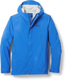 Don't cancel your hike for wet weather. This trail-ready REI Co-op 2.5-layer jacket is windproof and waterproof—and if you heat up  you can open the pit zips for extra airflow. Blue Outerwear For Camping In Fall, Blue Outerwear For Fall Camping, Waterproof Blue Outerwear For Outdoor Work, Functional Blue Outerwear For Outdoor Work, Blue Functional Outerwear For Outdoor Work, Functional Waterproof Outerwear For Camping, Waterproof Functional Outerwear For Camping, Gore-tex Waterproof Outerwear For Rainy Weather, Waterproof Gore-tex Outerwear For Rainy Weather