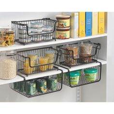 the shelves are organized with baskets and containers to store food, including rice or other items