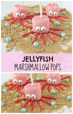 jellyfish marshmallow pops with googly eyes and candy sticks sticking out of them