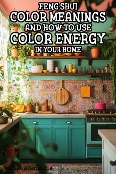 a kitchen with blue cabinets and green walls has plants growing on the shelves above it