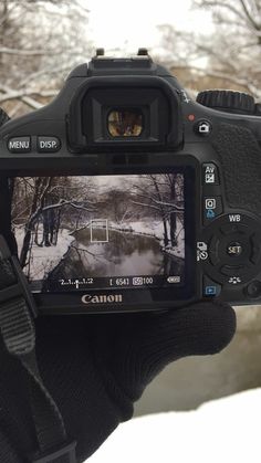 a person holding up a camera to take a photo in the snow with trees behind them