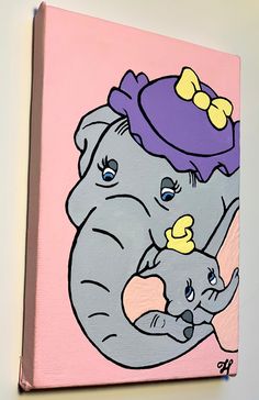 an elephant and her baby are depicted on a pink canvas