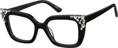 Stand out in these glamorous square glasses. The wide eyeglasses are crafted from hand-polished acetate and feature jewel embellishments on the front corners for added style. Acetate temple arms and tips. This style is available in rose and jet black. | Zenni Women's Square Prescription Eyeglasses Black Plastic Funky Glasses, Diamond Face Shape, Eye Prescription, Stylish Eyeglasses, Zenni Optical, Black Cat Eyes, Monochrome Fashion, Stylish Glasses, Square Glasses