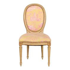 A beautiful French Regency Louis XVI style side chair or desk chair  By John Widdicomb  USA, Circa 1960s  Solid cherry wood, with original cream painted and parcel gilt finish, and brass studded upholstered seat and back.  Measures: 20"W x 21"D x 39.88"H. Seat height 19.75".   Good original vintage condition.  Matching desk available separately. Kitchen Townhouse, Louis Xvi Bed, Matching Desk, Vintage Desk Chair, French Regency, Paint Upholstery, Painted Desk, Cream Paint, King Size Headboard