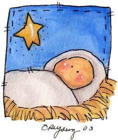 a drawing of a baby jesus in the manger with a star on his head