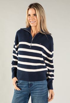 Pure Cotton Cardigan Stitch Half Zip Design Rib Knit Collar, Cuffs & Hem Tommy Hilfiger Branding Stripe Jumper, Tie Dye Scarves, Winter Knit Sweater, Desert Sky, Capes For Women, Banana Republic Sweater, Half Zip Sweaters, Zip Up Sweater, Komplette Outfits