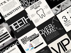 an assortment of black and white brochures with toothbrushes in the middle