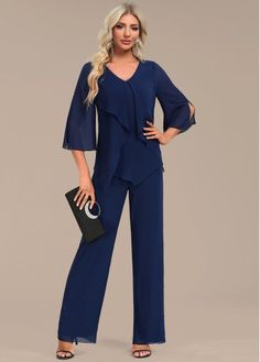 Color:Navy;Size:S;Size:M;Size:L;Size:XL;Size:XXL;Package Contents:1 X Jumpsuit;Occasion:Other;Style:Casual; Cascading Dress, Winter Silhouette, Chiffon Jumpsuit, Mother Bride, Cascading Ruffles, Dresses Chiffon, Lace Homecoming Dresses, Mothers Dresses, Lace Mermaid Wedding Dress