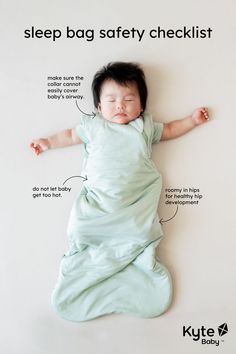 a baby sleeping on its back with the words sleep bag safety checklist