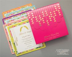 the wedding stationery is bright and colorful