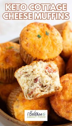 keto cottage cheese muffins stacked on top of each other in a bowl