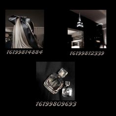 four different photographs of black and white hair in the same room, one has a bow on it's head