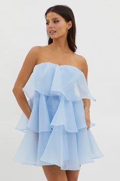 Behati Tiered Layer Mini Dress Blue by Selfie Leslie Bridal Themes, Blue Selfie, Selfie Leslie, Mini Dress Blue, Yellow Bridesmaids, Pink Dresses, Layered Design, Blue Bridesmaids, White Heels