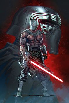 a star wars character holding a lightsabe in front of a red and black background