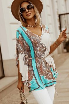 Sky Blue Paisley Print Batwings Sleeve Casual Tunic Top