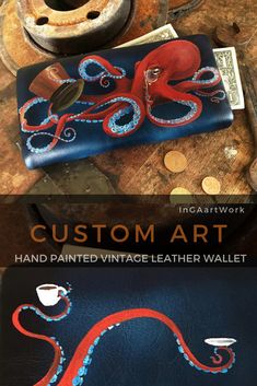 This ocean animal blue leather coin purse with hand painted Steampunk Octopus is very functional and comfy. Sea creature ornament makes our case wallet stylish and unforgettable. This artisan work Kraken pouch may be used as credit card holder pouch, it is very functional. At your request, the wallet can be personalized by entering the name or initials. Handmade Blue Leather Wallet, Handmade Blue Wallet, Handmade Blue Wallet As A Gift, Painted Wallet, Painted Purses, Hand Painted Purses, Bag Painting, Steampunk Octopus, Painted Purse