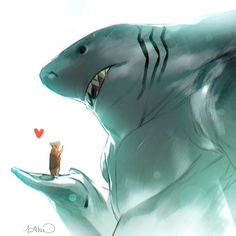 a drawing of a shark with a heart in its mouth and a mouse on his hand