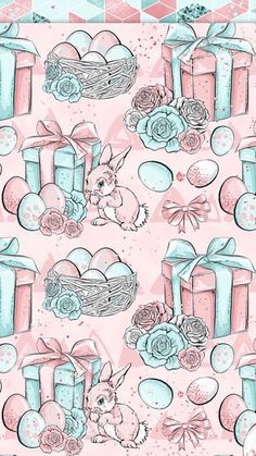 a pink and blue background with lots of items on it's side, including gifts