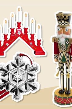 a nutcracker, candle holder and christmas ornament are shown in three different styles