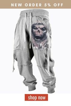 Men's Retro Drawstring Devil Skull Print Casual Pants Skull Print Cotton Bottoms For Streetwear, Cotton Pants For Halloween Streetwear, Casual Cotton Pants For Halloween, Streetwear Bottoms With Pockets For Halloween, Grunge Cotton Pants For Halloween, Halloween Streetwear Bottoms With Pockets, Casual Pants For Streetwear And Halloween, Casual Stretch Bottoms For Halloween, Stretch Cotton Halloween Bottoms