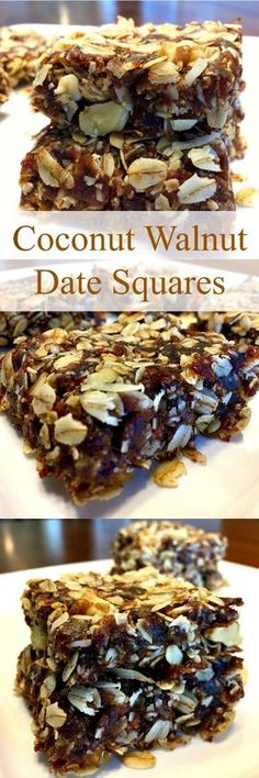 two pictures of granola bars stacked on top of each other with the words coconut walnut date squares