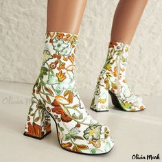 Olivia Mark - Printed Waterproof Platform Boots with Chunky High Heels, Side Zipper, and Martin Style Flowers Prints, Mode Hippie, Rough Heels, Ankle Boots Men, Super High Heels, Chunky High Heels, Platform Heels Chunky, Platform Ankle Boots, Dream Shoes