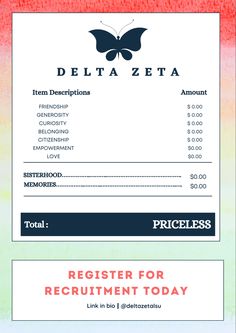 a receipt with the words deltazeta on it and an image of a butterfly