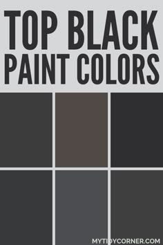 Collage of the trending black paint colors from the popular brands. Sooty Lashes Valspar, Best Sherwin Williams Black Paint Colors, Charcoal Interior Paint, Benjamin Moore Black Brown Paint Colors, Sherwin Williams Dark Accent Wall, Dark Paint White Trim, Best Matt Black Paint For Furniture, Green Black Sherwin Williams Bedroom, Bm Mysterious Paint