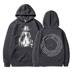 a black hoodie with a woman wearing a cowboy hat