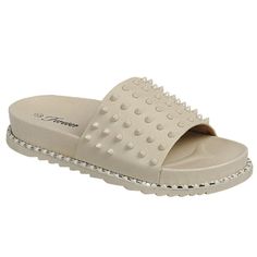 Step Out In These Stylish Yet Comfortable Open Toe Studded Slides. New In Box Man Made Material Black Pointy Studs Contour Footbed Silver Trimmed Rubber Sole Fitting: True To Size. Regular Foot Width. Silver Sandals With Textured Footbed For Summer, Summer Silver Sandals With Textured Footbed, Silver Flat Flip Flops For Beach, Silver Open Toe Sandals With Studded Rubber Outsoles, Silver Open Toe Sandals With Silver Studs, Silver Studded Open Toe Sandals, Silver Round Toe Flip Flops For Vacation, Summer Open Toe Sandals With Silver Studs, Silver Slip-on Beach Sandals