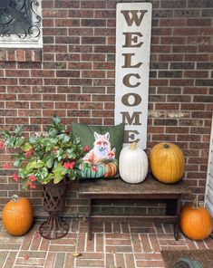 a welcome sign sitting on top of a wooden bench next to pumpkins and plants