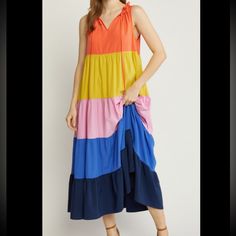 Colorblock Sleeveless Maxi Dress Featuring Pockets At Sides. Ruffle Detail And Self Tie Closure At Neckline. Lined. Woven. Non-Sheer. Lightweight. Nwt Colorblock Maxi Dress, Knit Sundress, Color Block Maxi Dress, Peacock Dress, Open Back Maxi Dress, Purple Floral Dress, Tie Dye Maxi Dresses, Red Dress Maxi, Maxi Shirt Dress