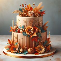 a three tiered cake with flowers and candles on the top is surrounded by autumn leaves