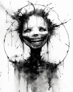 a black and white drawing of a smiling clown with splats on it's face