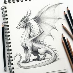 a pencil drawing of a dragon sitting on top of a table