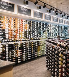 rows of wine bottles are lined up on the wall