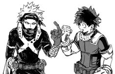 two anime characters one holding a knife and the other looking at something in his hand