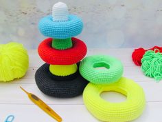 crochet toys and yarn on a table