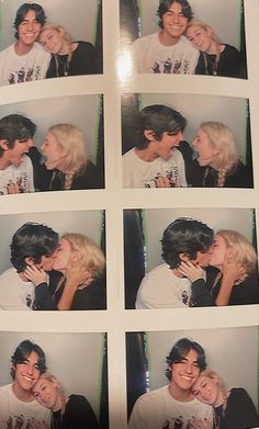 two people kissing each other in front of a photo booth with the same man and woman