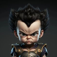 an evil looking doll with black hair and big eyes is posed in front of a dark background