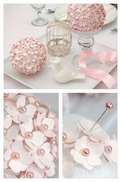 pink flowers and pearls are arranged on the table for this wedding centerpieces project